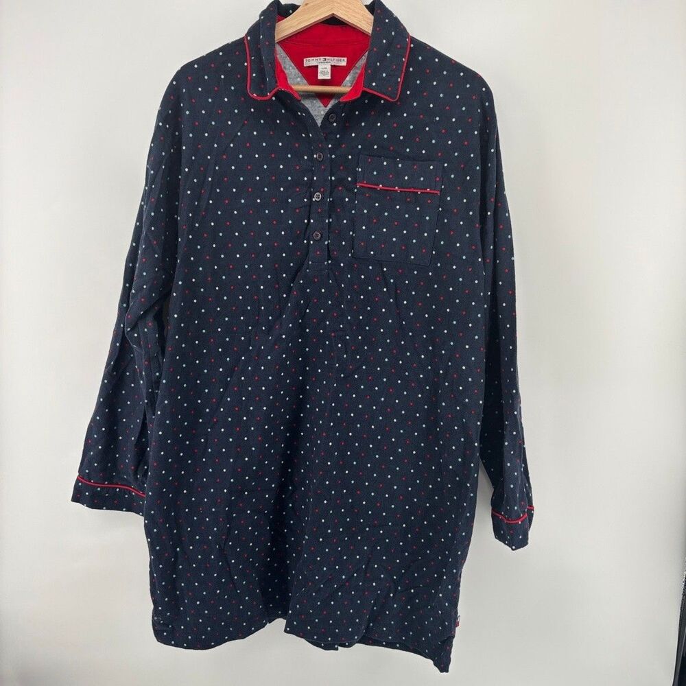 Tommy Hilfiger Womens L Navy Polka Dot Button Front Pajama Sleep Top